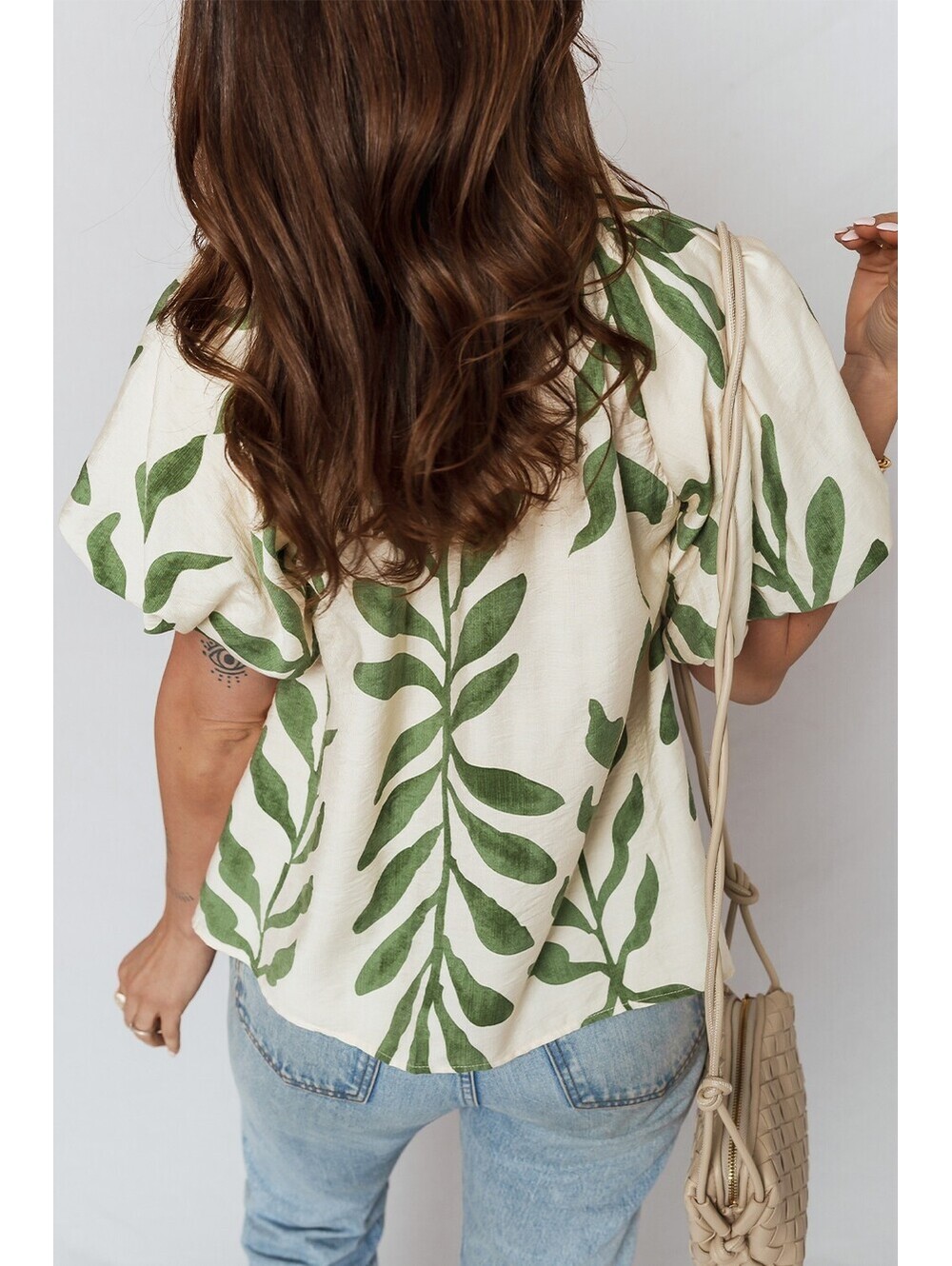 Women's Short Sleeve Button-Up Shirt with Green Leaf Print - Picture 2 of 4